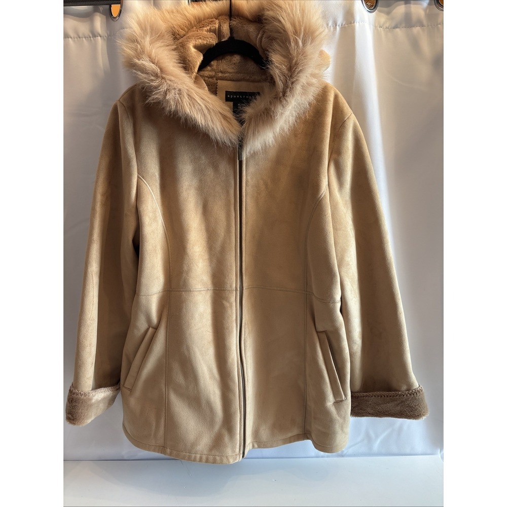 Apostrophe Faux Suede Coat Womens Size XL Tan Zip Jacket‎ Faux Fur Collar